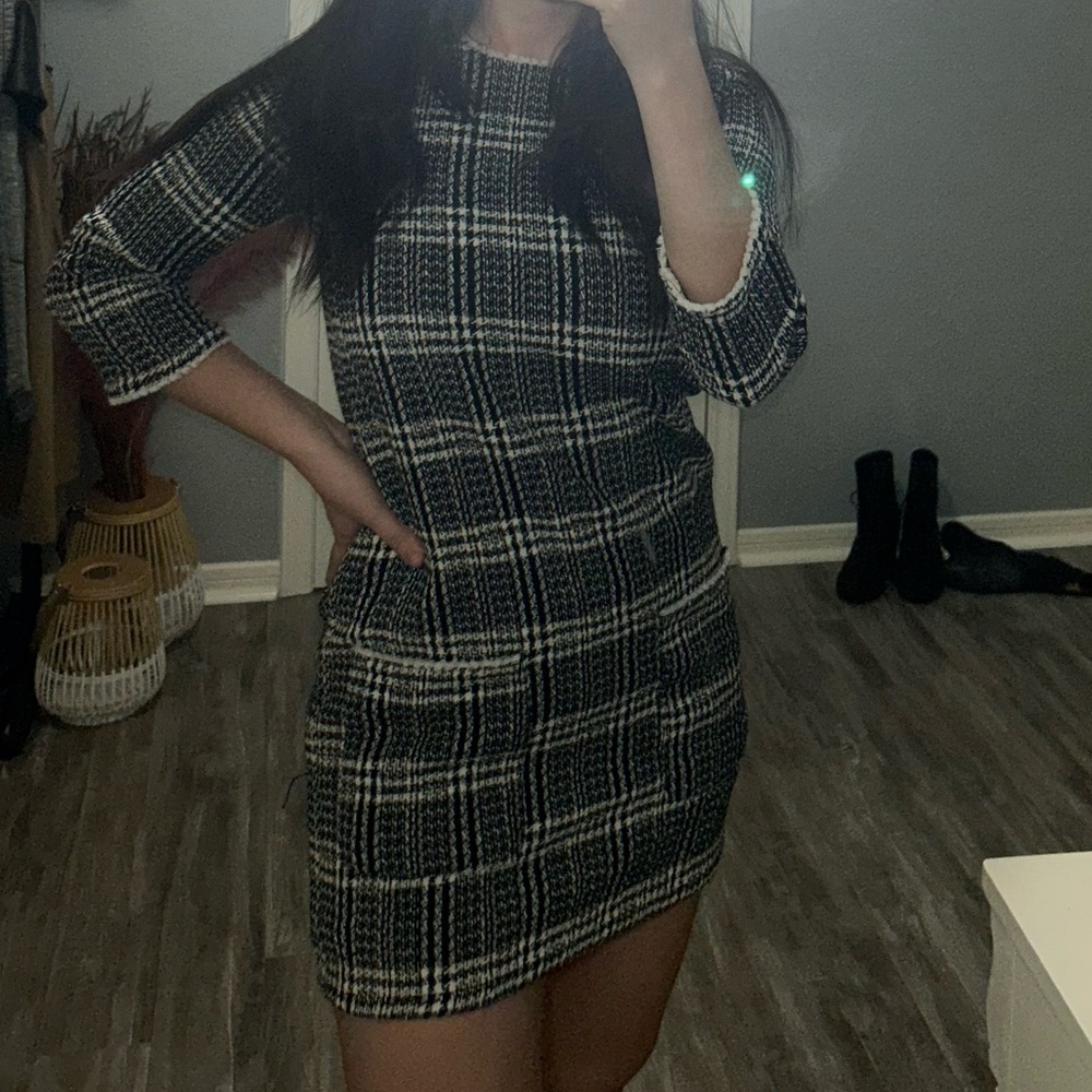 Trafaluc by Zara Black Plaid Tweed Pocket 3/4 Sleeve Preppy Business Dress New